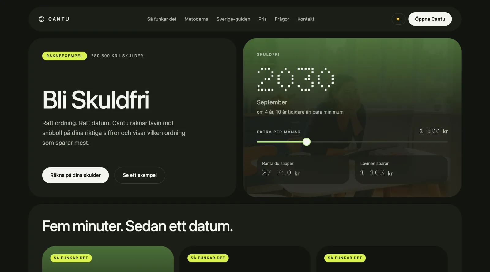 Startsidan på cantu.se: rubriken Bli Skuldfri och ett räkneexempel som visar skuldfri september 2030
