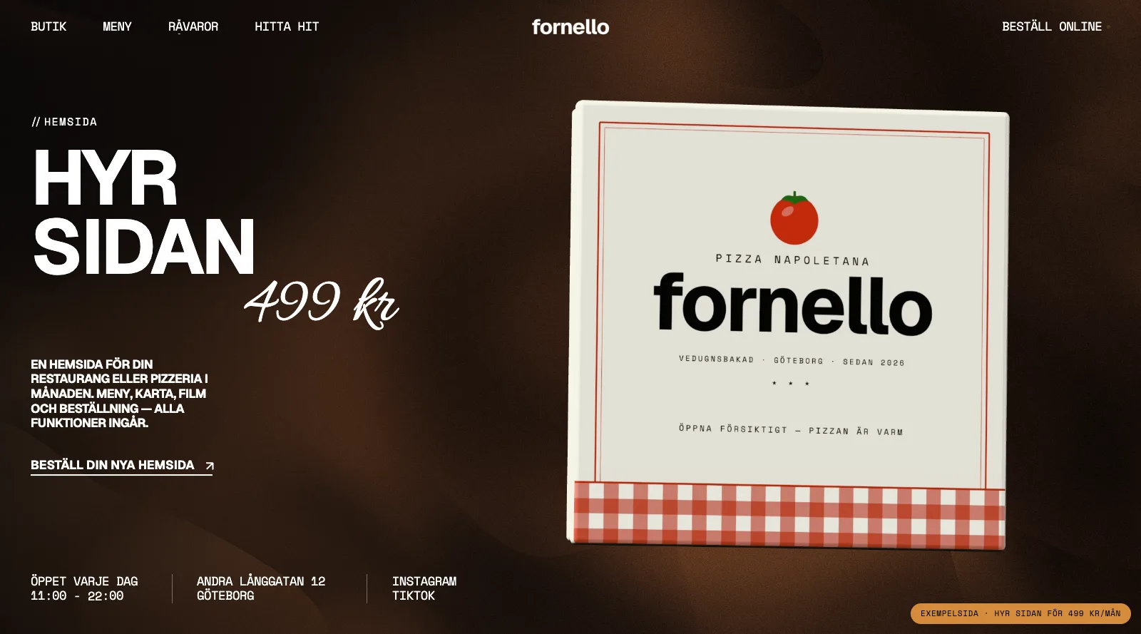 Startsidan för exempelpizzerian Fornello: rubriken Hyr sidan 499 kr bredvid en pizzakartong i 3D