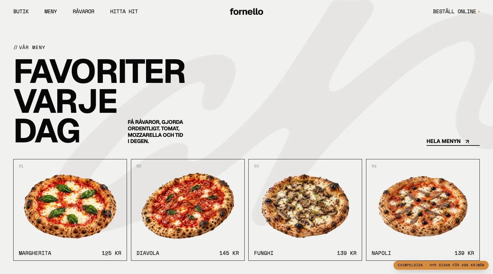 Menyn på exempelsidan: fyra pizzor, margherita, diavola, funghi och napoli, med pris