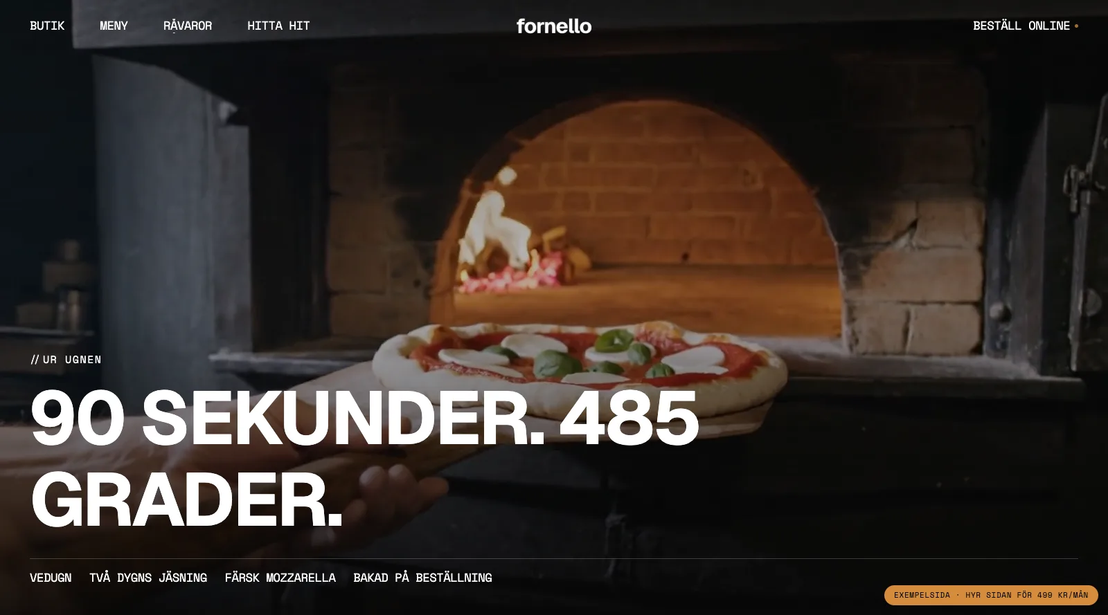 En pizza skjuts in i vedugnen under rubriken 90 sekunder, 485 grader