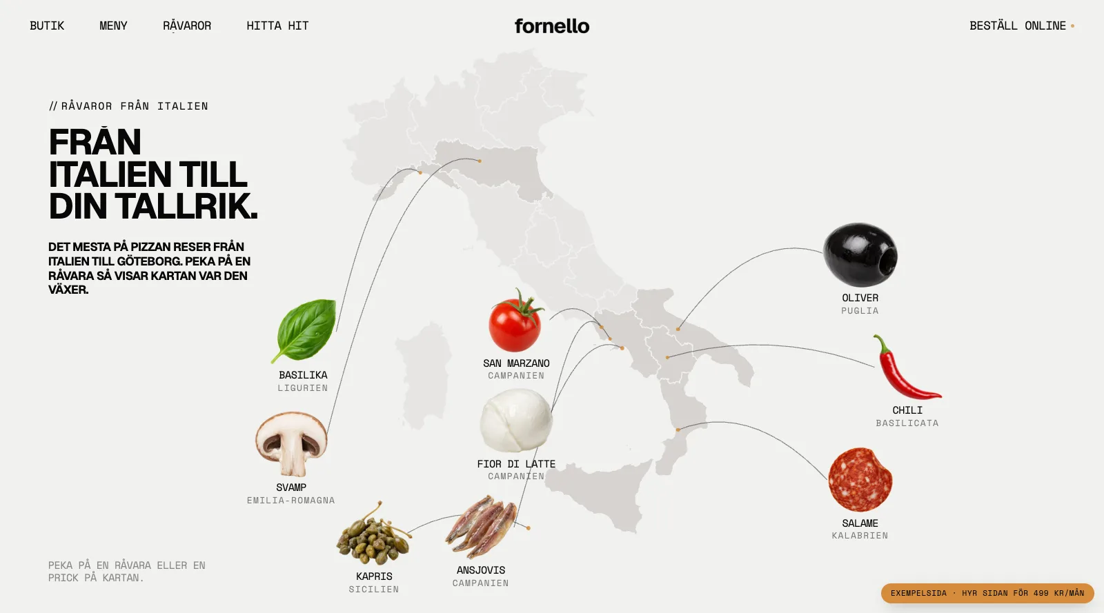 En karta över Italien med basilika, tomat, mozzarella, oliver och andra råvaror kopplade till sina regioner