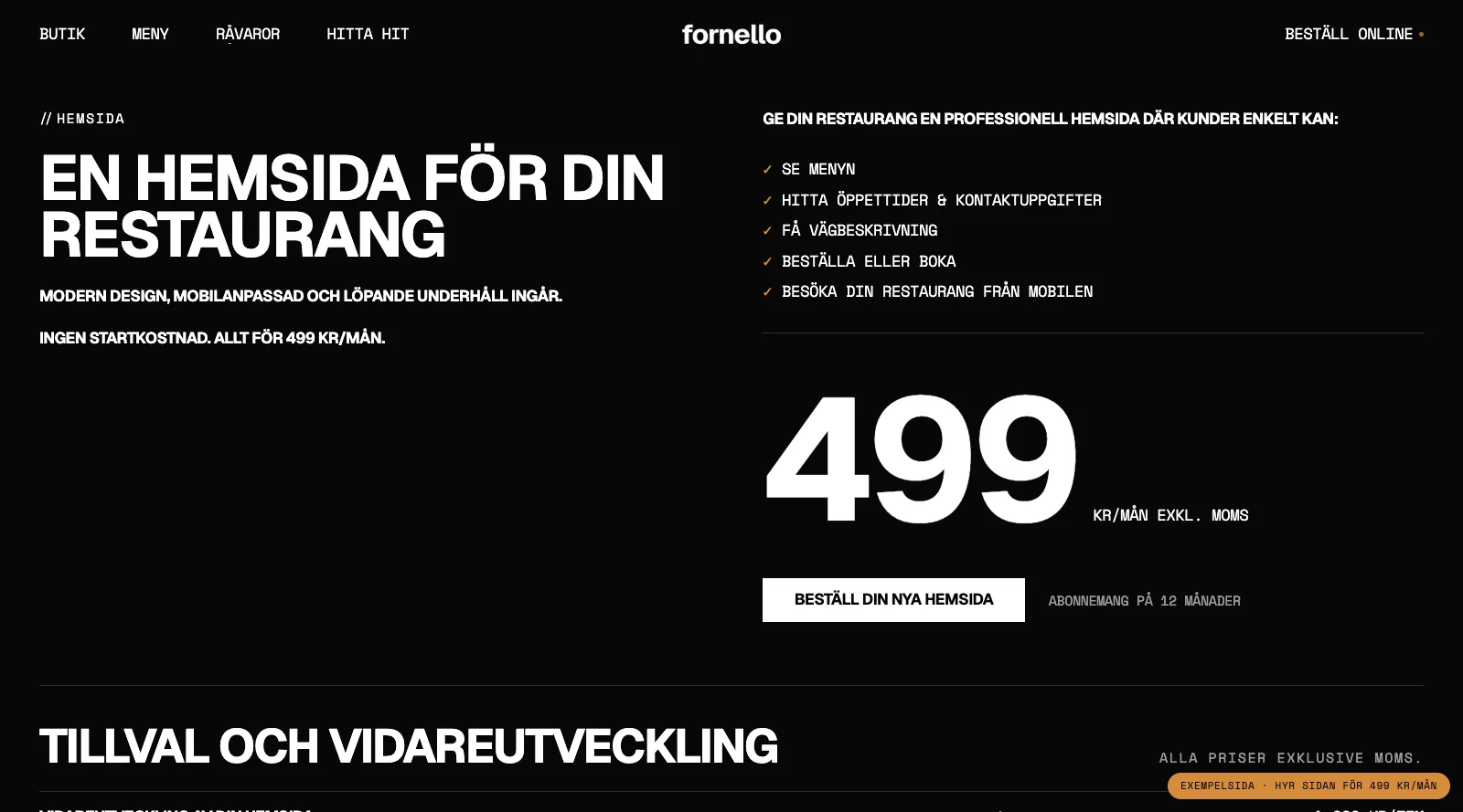 Sektionen En hemsida för din restaurang med vad som ingår och priset 499 kr i månaden