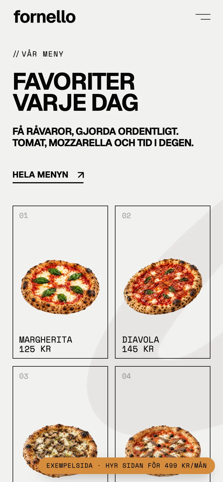 Menyn på exempelsidan i en mobil