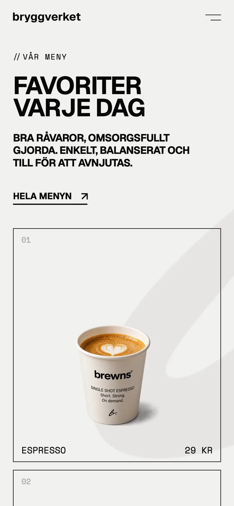 Menyn på exempelsidan i en mobil