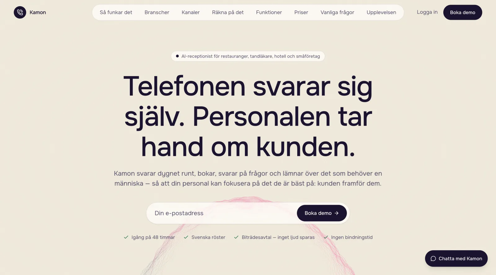 Startsidan på kamon.se: rubriken Telefonen svarar sig själv. Personalen tar hand om kunden, med fältet Boka demo