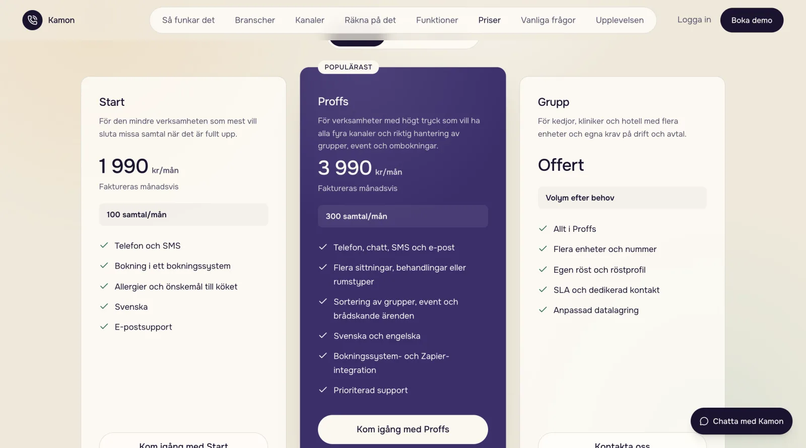 Priserna på kamon.se: Start 1 990 kr/mån med 100 samtal, Proffs 3 990 kr/mån med 300 samtal, Grupp efter offert
