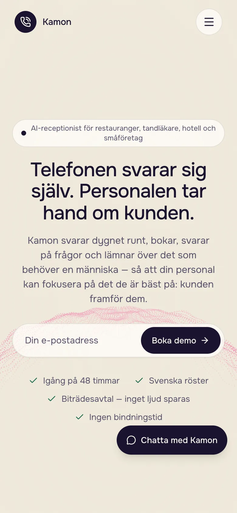kamon.se på en mobil: rubriken och fältet Boka demo