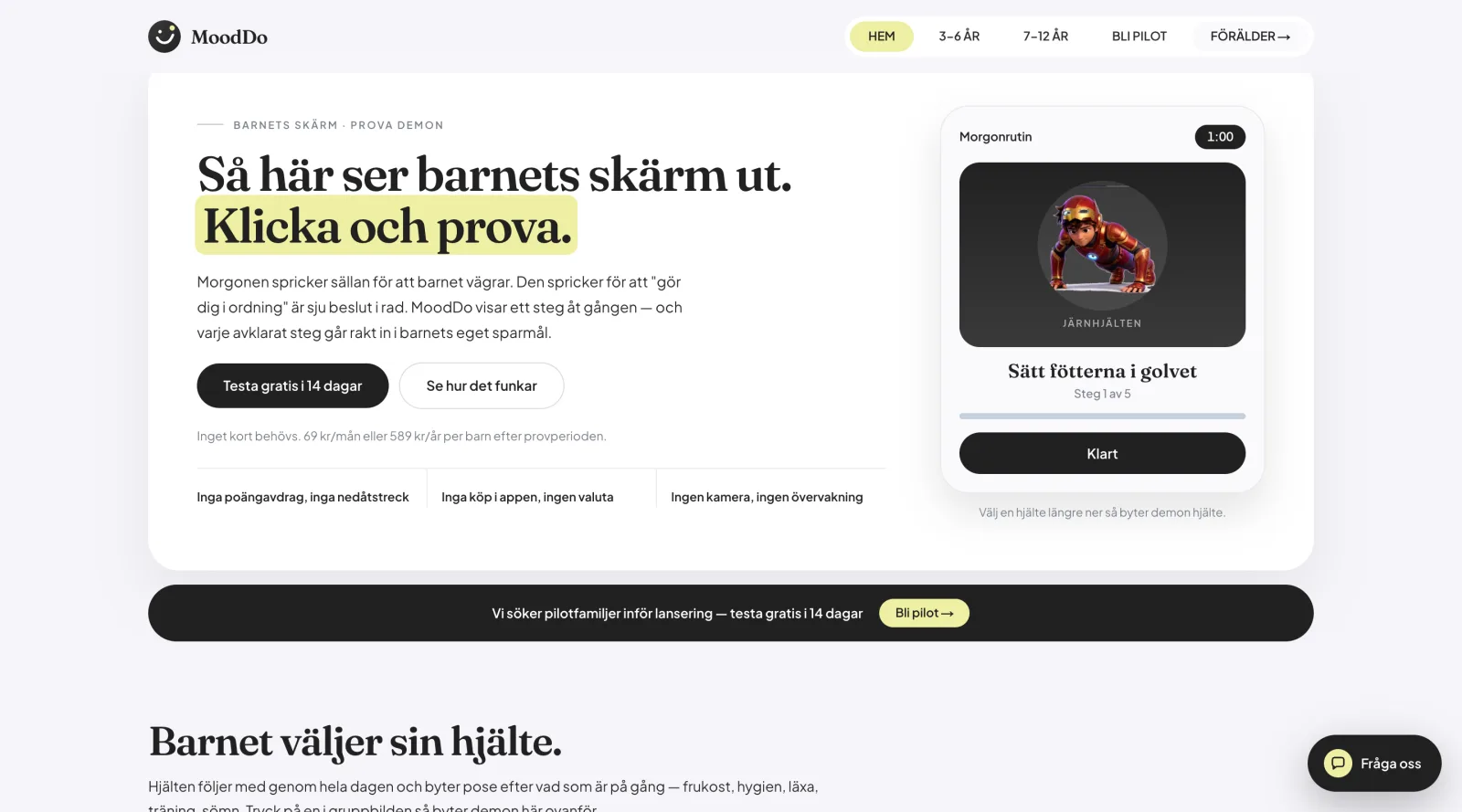 Demon på mooddo.se: Så här ser barnets skärm ut, klicka och prova, med morgonrutinen Sätt fötterna i golvet