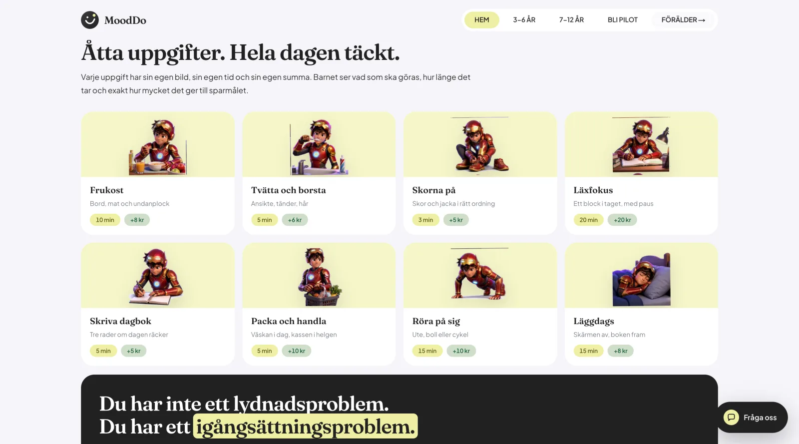 Uppgifterna på mooddo.se: frukost, tvätta och borsta, skorna på, läxfokus, skriva dagbok, packa och handla, röra på sig, läggdags