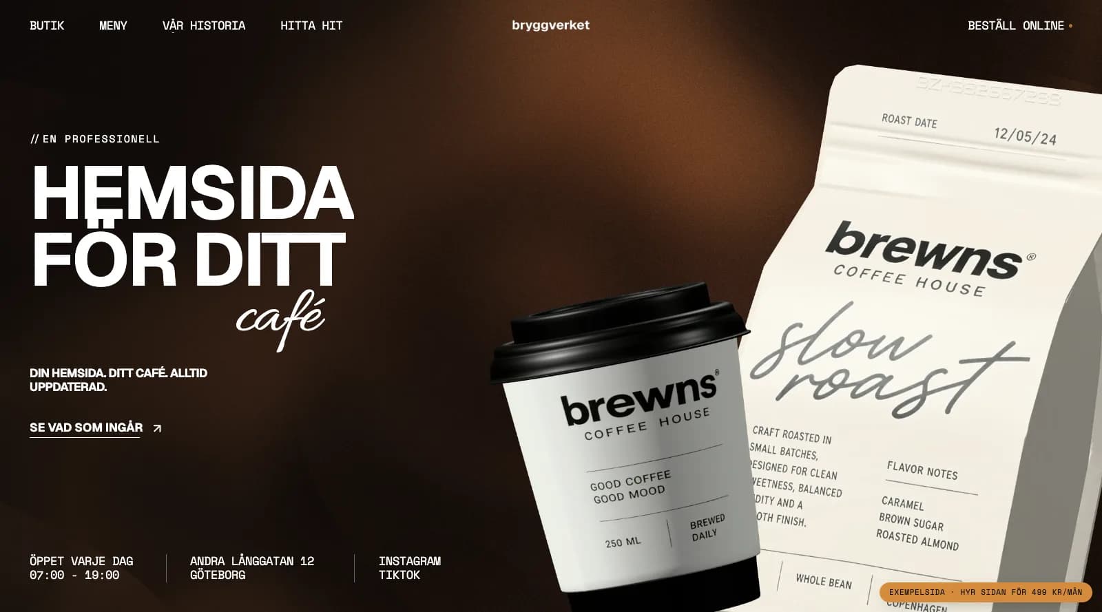 Startsidan på brewns.se: En professionell hemsida för ditt café