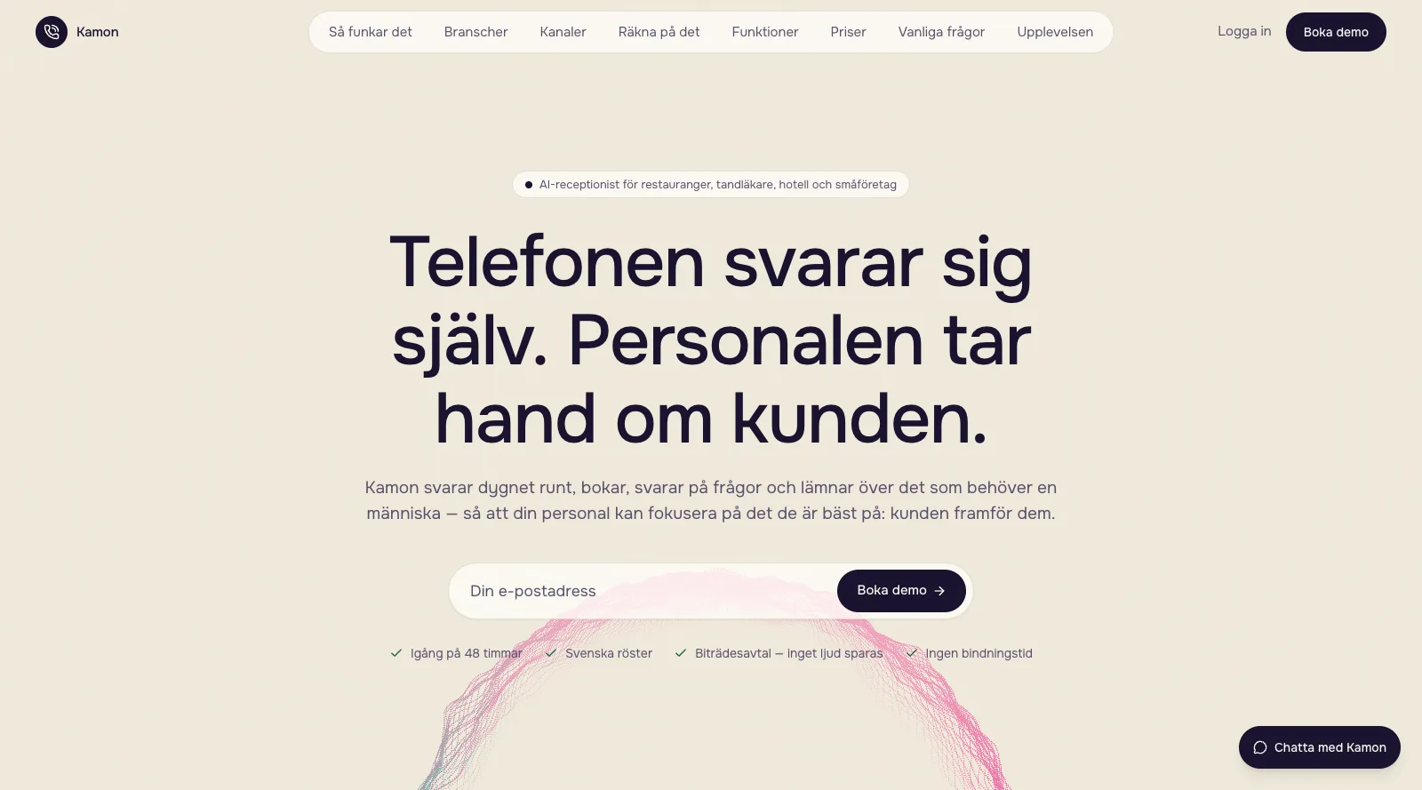 Startsidan på kamon.se: Telefonen svarar sig själv, personalen tar hand om kunden